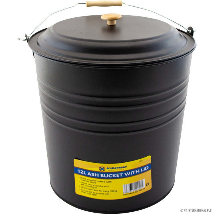 12 L Ash Bucket / Bin with Lid - Black