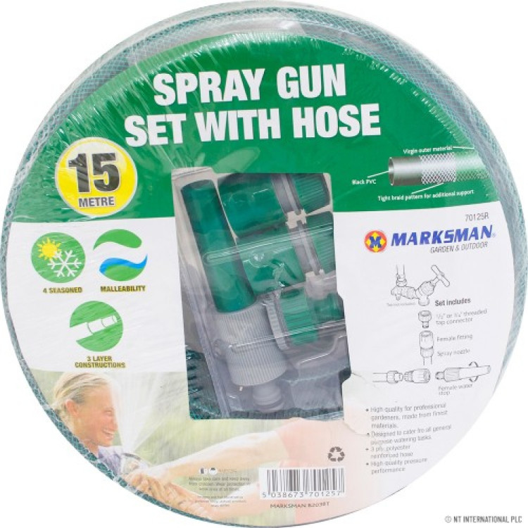  15m PVC Hose Pipe + Spray Gun Set - Green