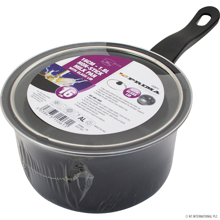 Prima  16cm Milk Pan - Glass Lid Black Handle