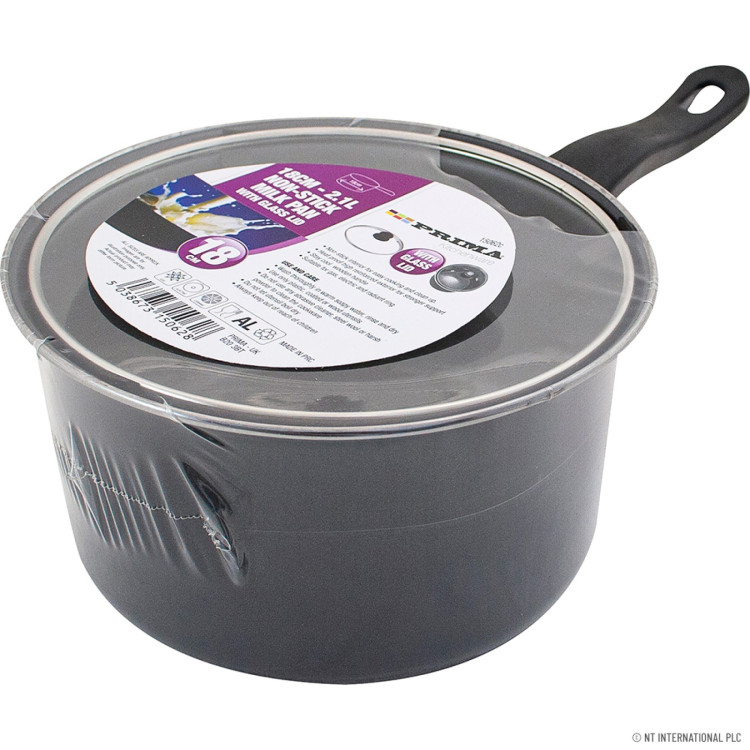 Prima 18cm Milk Pan - Glass Lid Black Handle