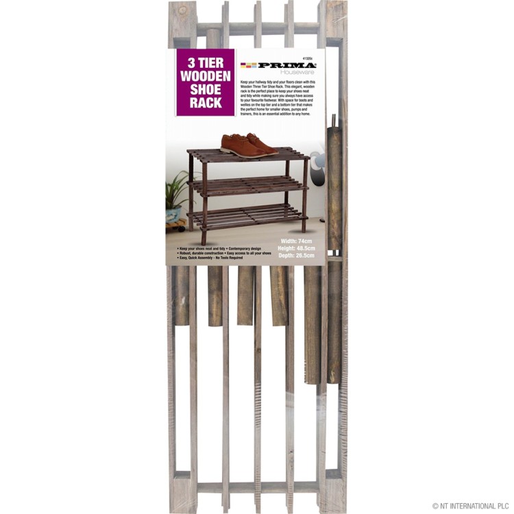 Prima 3 Tier Shoe Rack - Dark Oak 74 X 48.5 X 26.5Cm