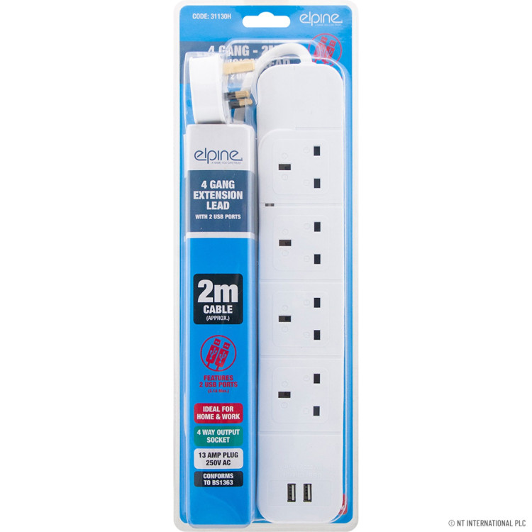  4 Gang 2M Extension Lead 2 USB DB
