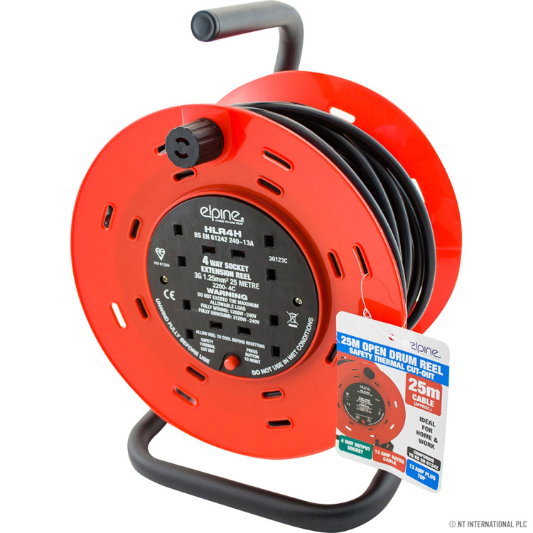 4 Gang Open Drum Cable Reel 13A 25m 