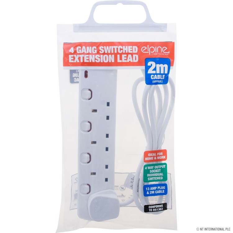  4 Way 2M Switched Extension Lead Indiv. + Neo