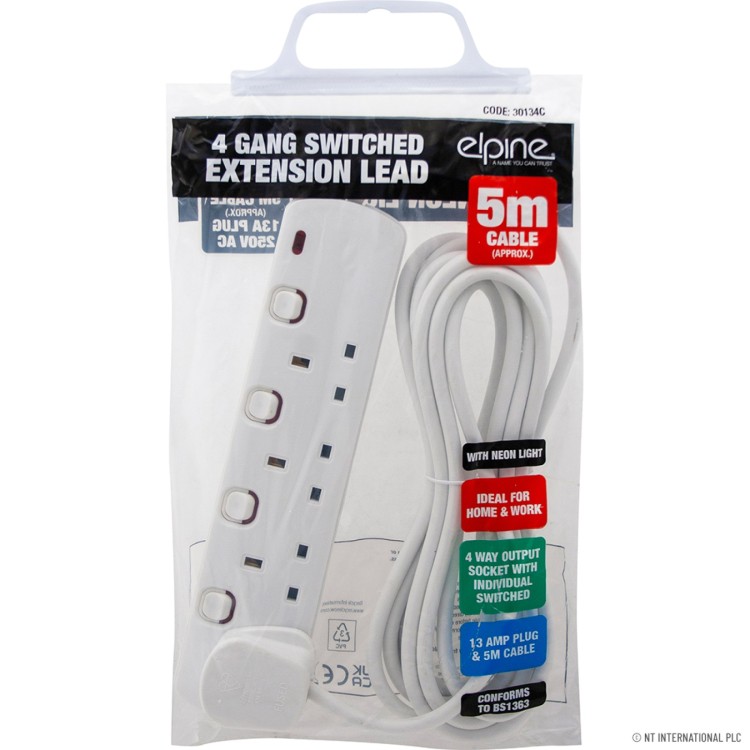  4 Way 5M Switched Extension Lead Indiv. + Neo