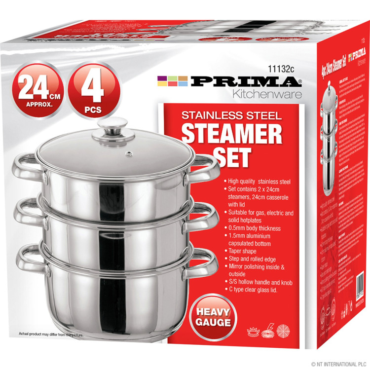 4Pc 24cm 3 Tier S/S Steamer Set With Glass Lid
