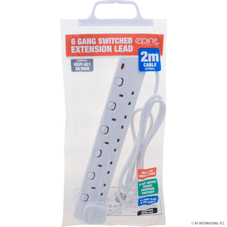  6 Way 2M Switched Extension Lead Indiv. + Neo