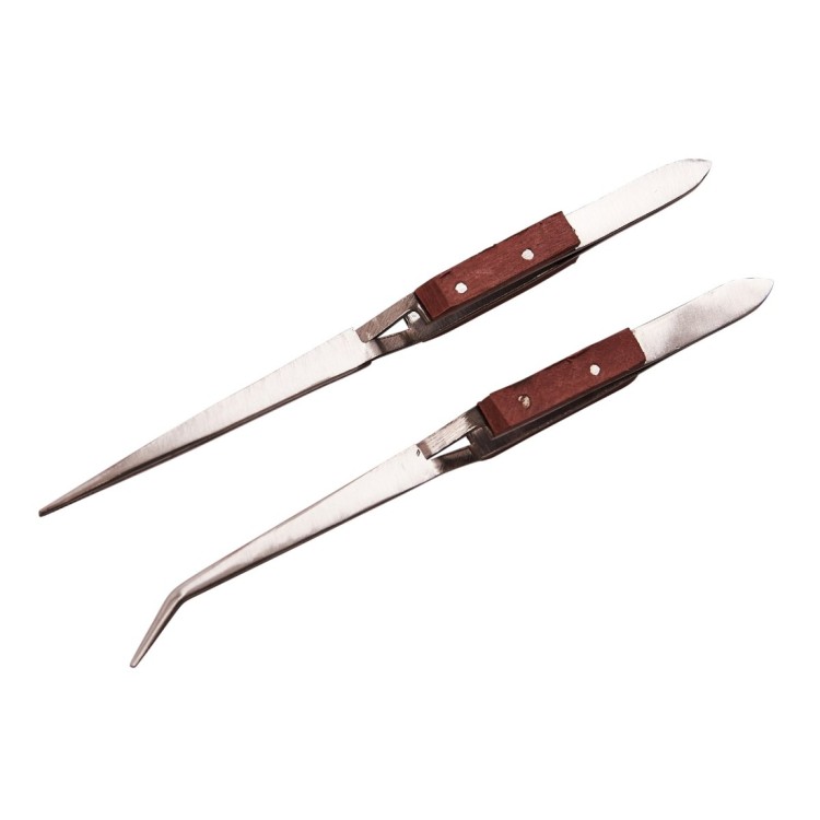 Amtech 2Pc Wooden Handle Tweezer Set