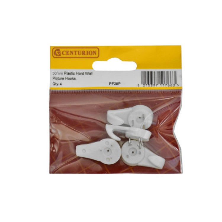 Centurion 30mm Plastic Hard Wall Picture Hooks (Pack of 4)