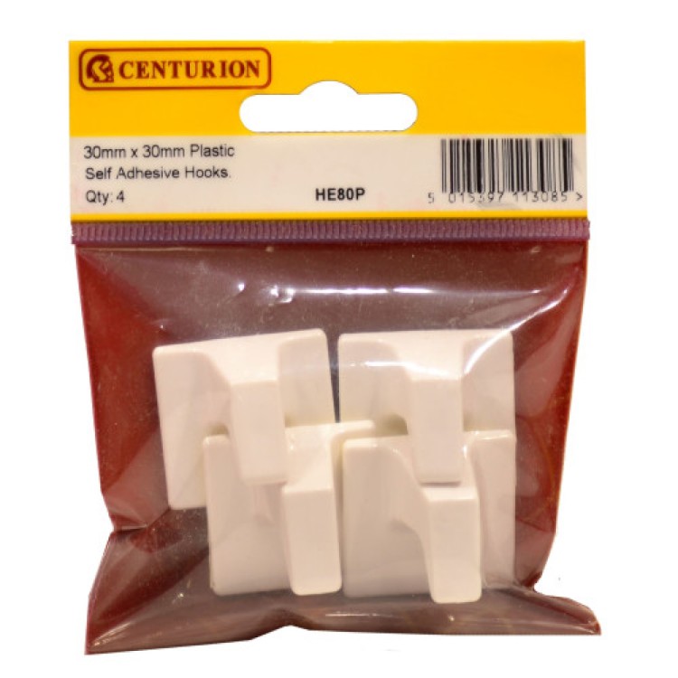 Centurion 30mm x 30mm Plastic Self Adhesive Hooks (Pack of 4)