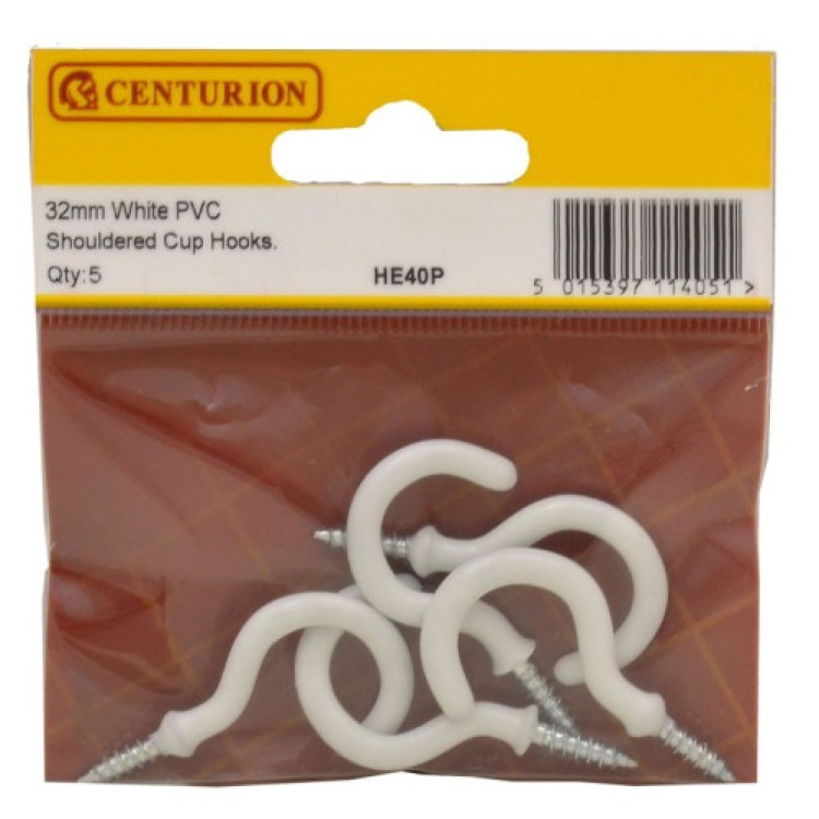 Centurion 32mm White PVC Shouldered Cup Hooks (Pack of 5)