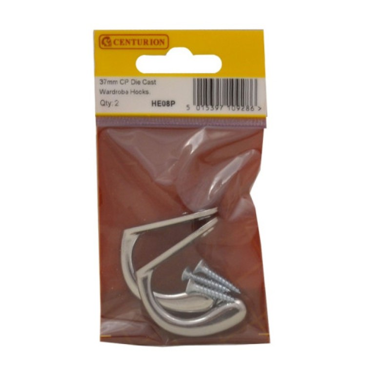 Centurion 50mm CP Die Cast Wardrobe Hooks (Pack of 2)