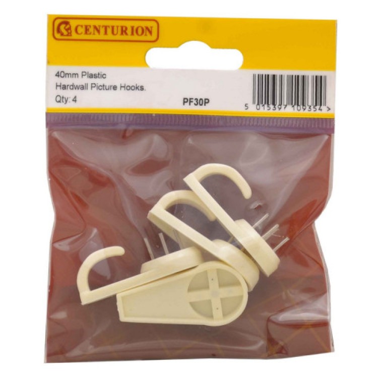 Centurion 40mm Plastic Hard Wall Picture Hooks (Pack of 4)