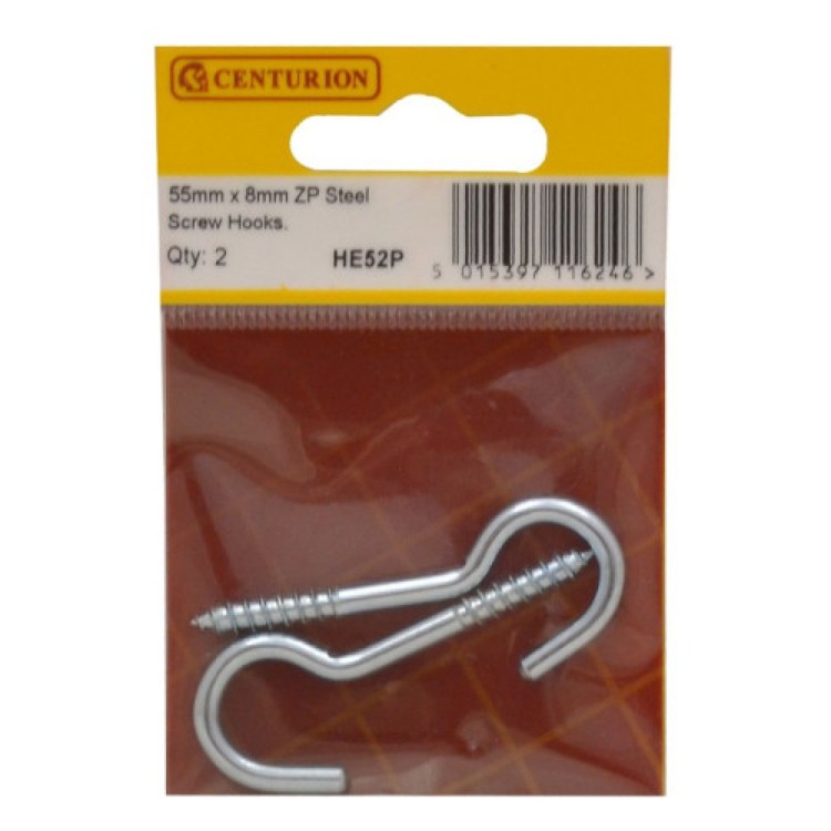 Centurion 55mm x 8mm ZP Steel Screw Hooks (Pack of 2)
