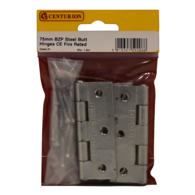Centurion 75mm BZP Steel Butt Hinges CE Fire Rated 1.5pr