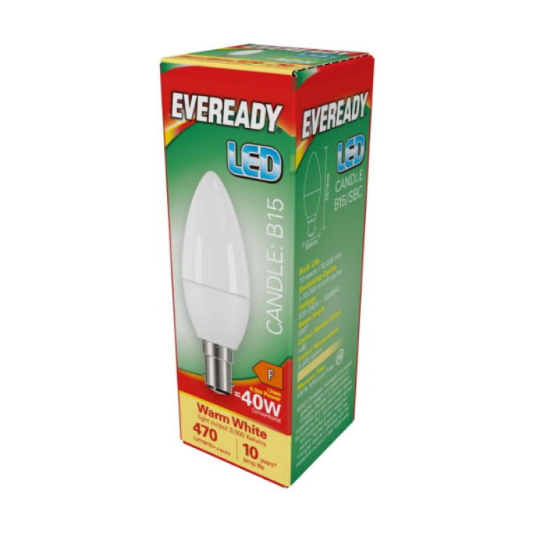 Eveready LED Candle B15 (SBC) 470lm 4.9W 3,000K (Warm White), Box of 1