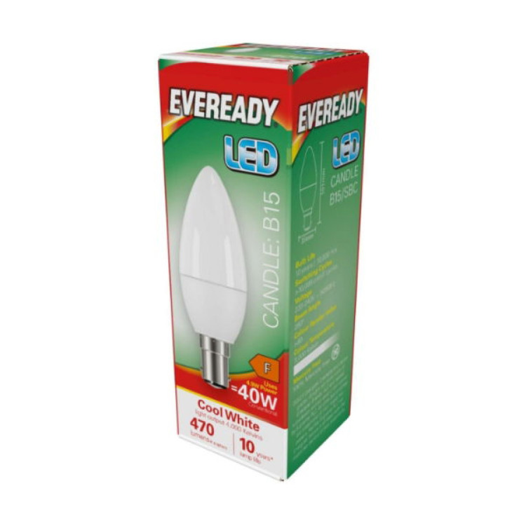 Eveready LED Candle B15 (SBC) 470lm 4.9W 4,000K (Cool White), Box of 1