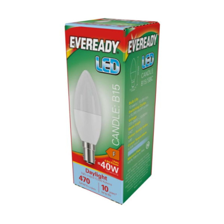 Eveready LED Candle B15 (SBC) 470lm 4.9W 6,500K (Daylight), Box of 1