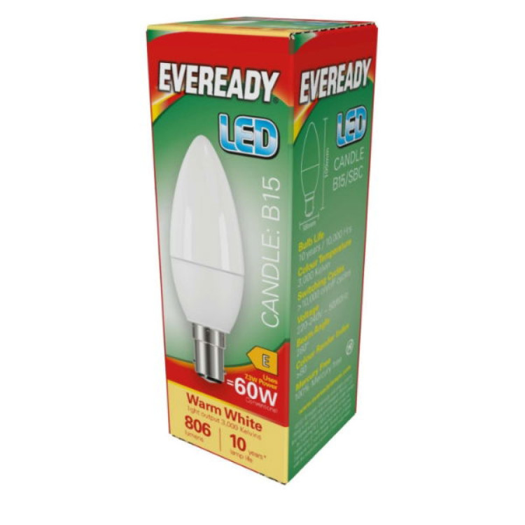 Eveready LED Candle B15 (SBC) 806lm 7.3W 3,000K (Warm White), Box of 1
