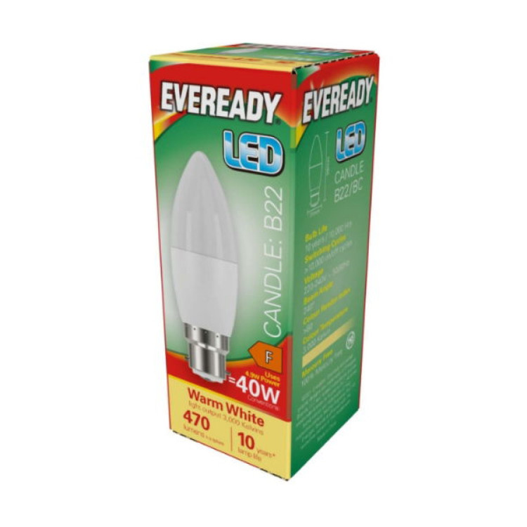 Eveready LED Candle B22 (BC) 470lm 4.9W 3,000K (Warm White), Box of 1