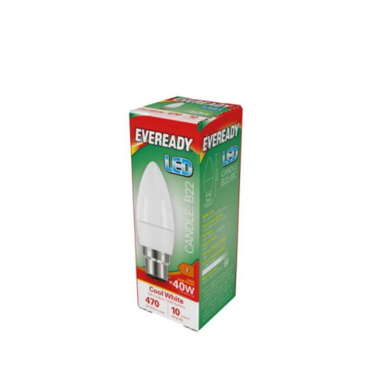 Eveready LED Candle B22 (BC) 470lm 4.9W 4,000K (Cool White), Box of 1