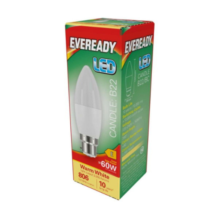 Eveready LED Candle B22 (BC) 806lm 7.3W 3,000K (Warm White), Box of 1