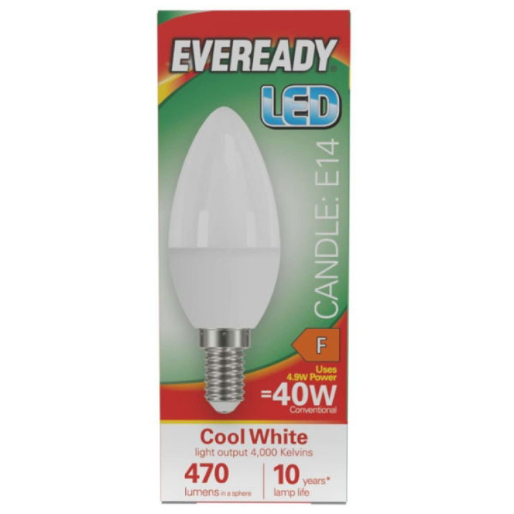 Eveready LED Candle E14 (SES) 470lm 4.9W 4,000K (Cool White), Box of 1