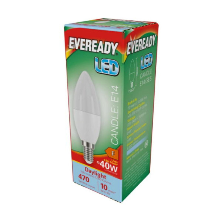 Eveready LED Candle E14 (SES) 470lm 4.9W 6,500K (Daylight), Box of 1