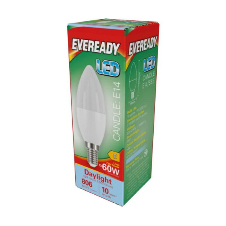 Eveready LED Candle E14 (SES) 806lm 7.3W 6,500K (Daylight), Box of 1