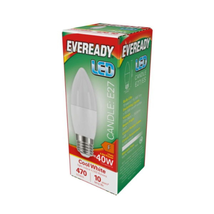 Eveready LED Candle E27 (ES) 470lm 4.9W 4,000K (Cool White), Box of 1