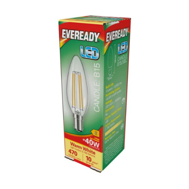 Eveready LED Filament Candle B15 (SBC) 470lm 4W 2,700K (Warm White), Box of 1
