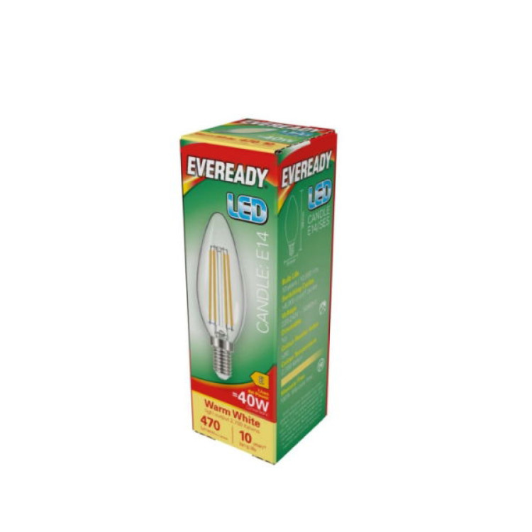 Eveready LED Filament Candle E14 (SES) 470lm 4W 2,700K (Warm White), Box of 1