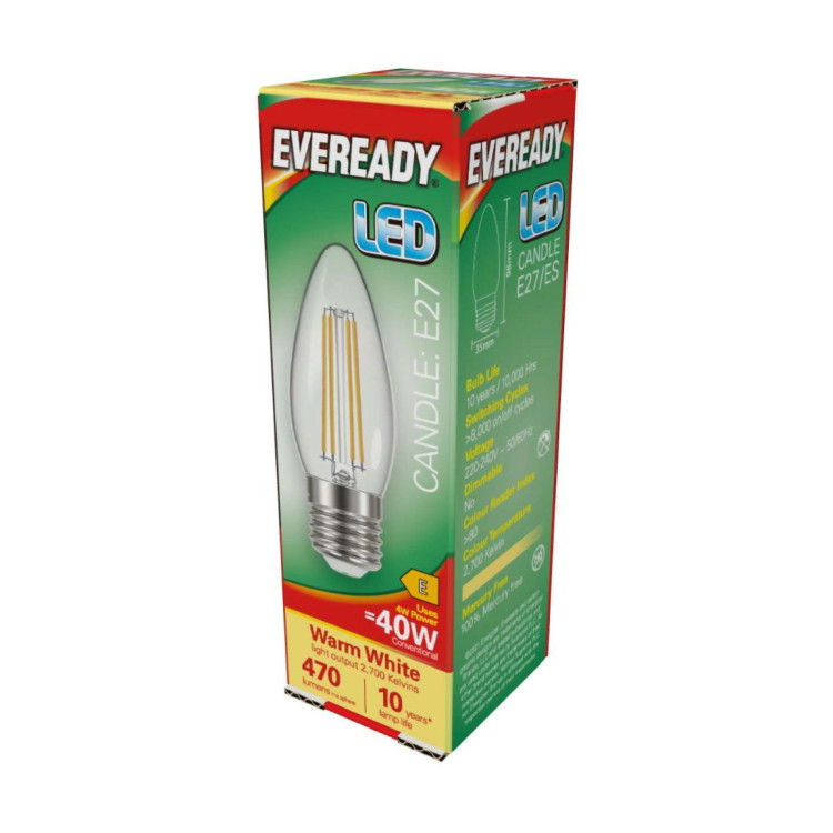 Eveready LED Filament Candle E27 (ES) 470lm 4W 2,700K (Warm White), Box of 1