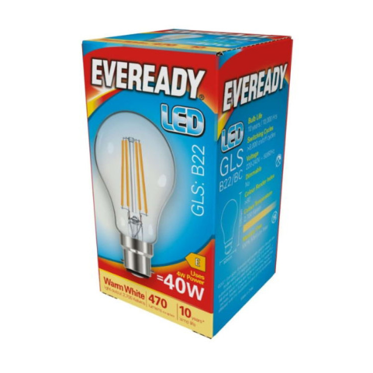 Eveready LED Filament GLS B22 (BC) 470lm 4W 2,700K (Warm White), Box of 1