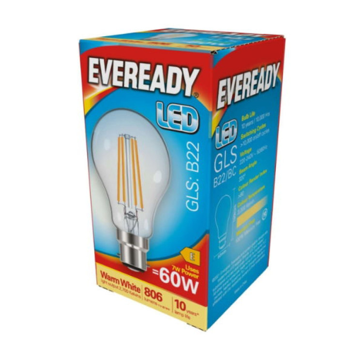 Eveready LED Filament GLS B22 (BC) 806lm 7W 2,700K (Warm White), Box of 1