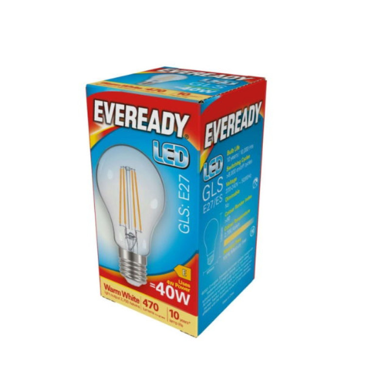Eveready LED Filament GLS E27 (ES) 470lm 4W 2,700K (Warm White) Box of 1