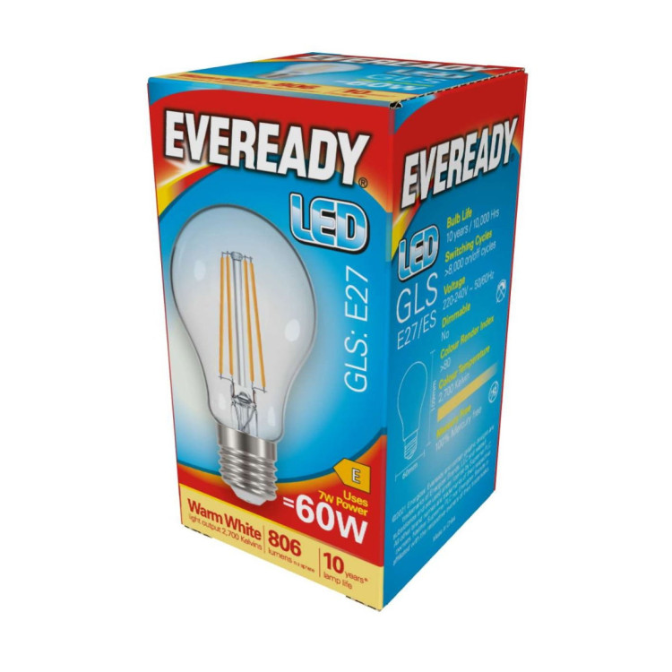 Eveready LED Filament GLS E27 (ES) 806lm 7W 2,700K (Warm White) Box of 1