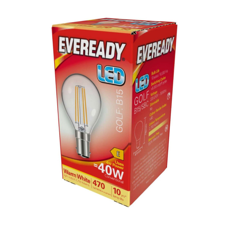 Eveready LED Filament Golf B15 (SBC) 470lm 4W 2,700K (Warm White), Box of 1