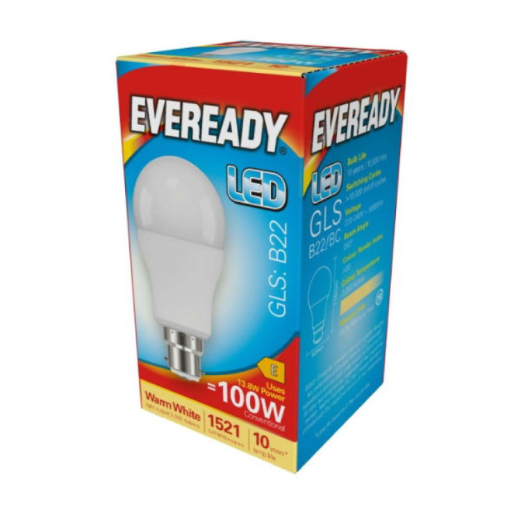 Eveready LED GLS B22 (BC) 1,521lm 13.8W 3,000K (Warm White), Box of 1
