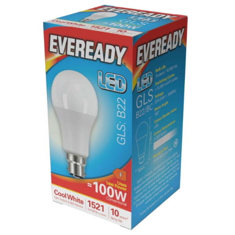 Eveready LED GLS B22 (BC) 1,521lm 13.8W 4,000K (Cool White), Box of 1