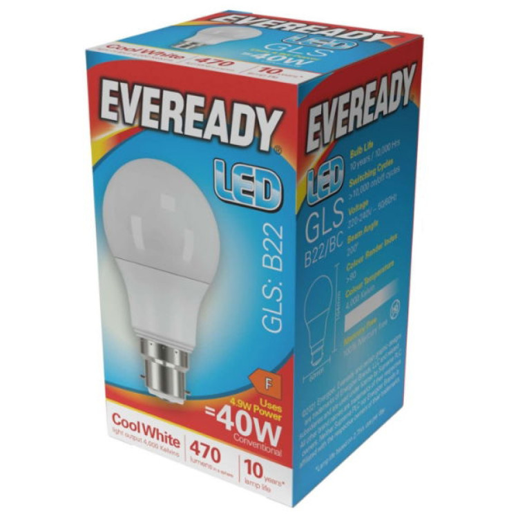 Eveready LED GLS B22 (BC) 470lm 4.9W 4,000K (Cool White), Box of 1