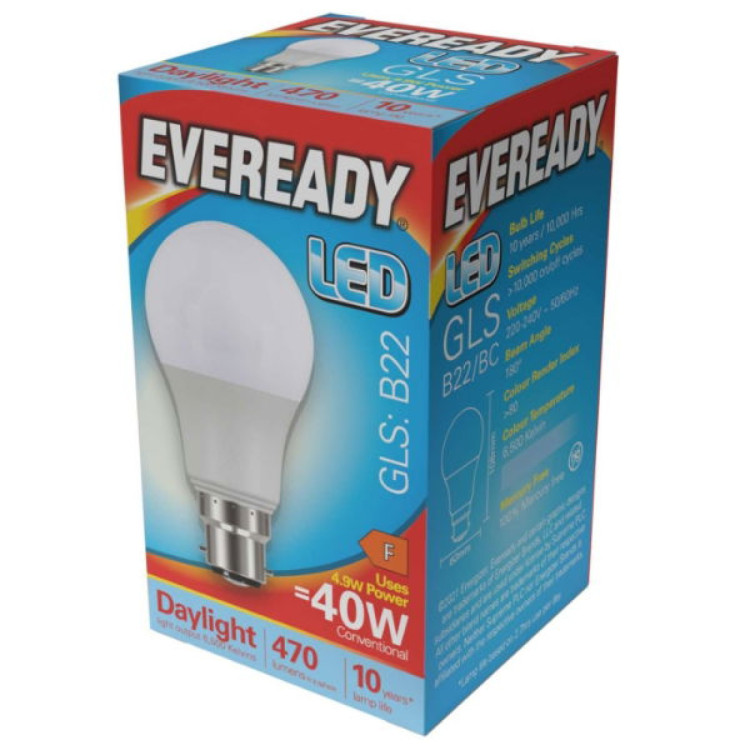 Eveready LED GLS B22 (BC) 470lm 4.9W 6,500K (Daylight), Box of 1