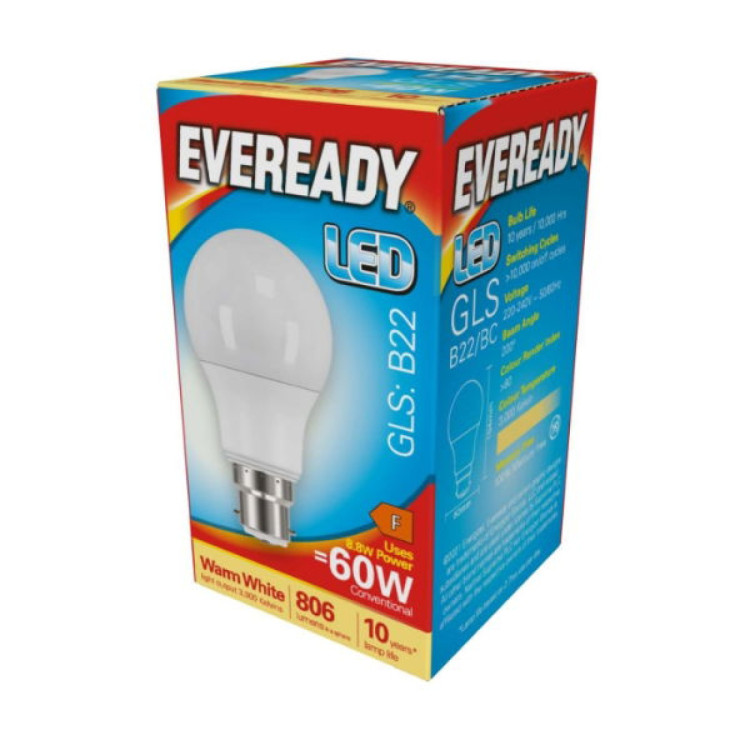 Eveready LED GLS B22 (BC) 806lm 8.8W 3,000K (Warm White), Box of 1