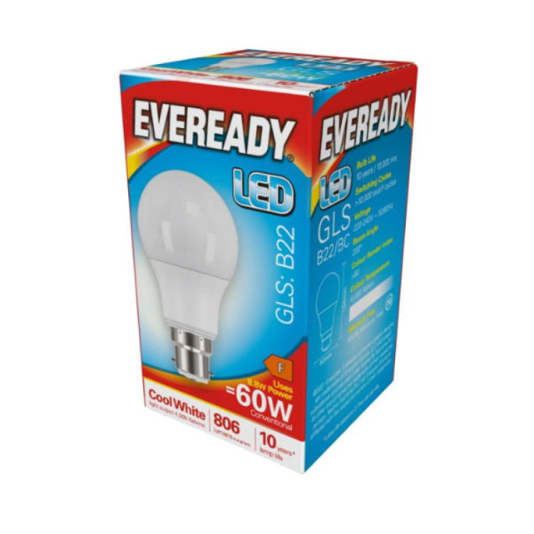 Eveready LED GLS B22 (BC) 806lm 8.8W 4,000K (Cool White), Box of 1
