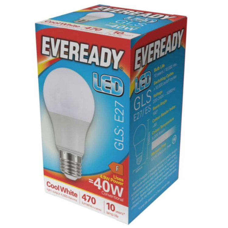Eveready LED GLS E27 (ES) 470lm 4.9W 4,000K (Cool White), Box of 1