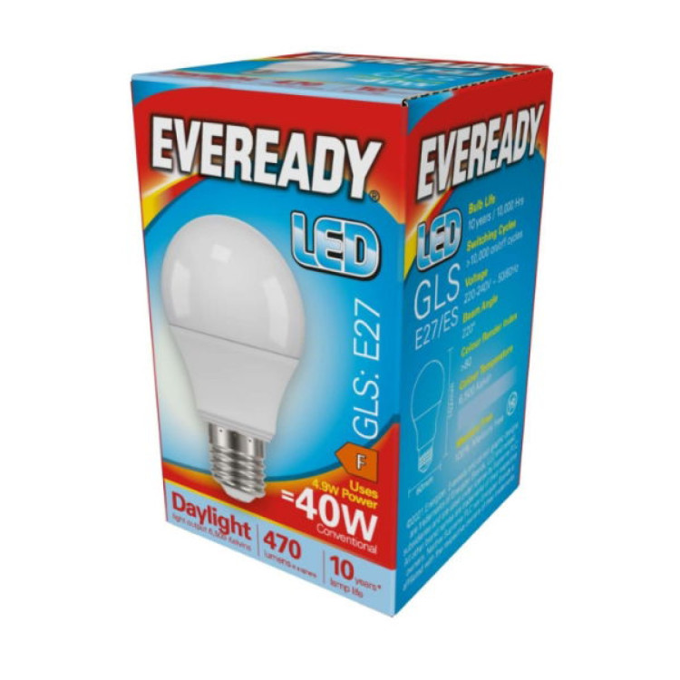 Eveready LED GLS E27 (ES) 470lm 4.9W 6,500K (Daylight), Box of 1