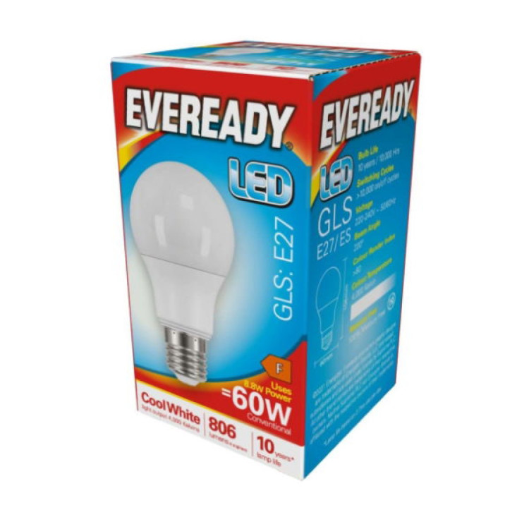 Eveready LED GLS E27 (ES) 806lm 8.8W 4,000K (Cool White), Box of 1