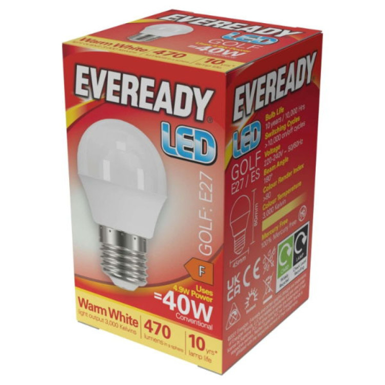 Eveready LED Golf E27 (ES) 470lm 4.9W 3,000K (Warm White), Box of 1