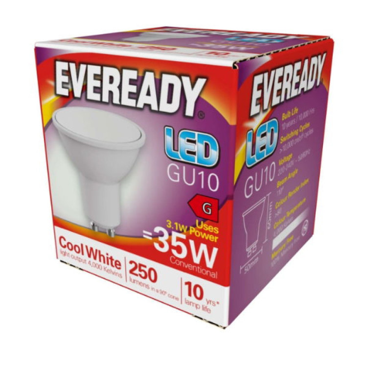 Eveready LED GU10 250lm 3.1W 4,000K (Cool White), Box of 1