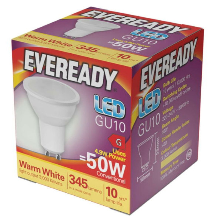 Eveready LED GU10 320lm 4.7W 3,000K (Warm White), Box of 1